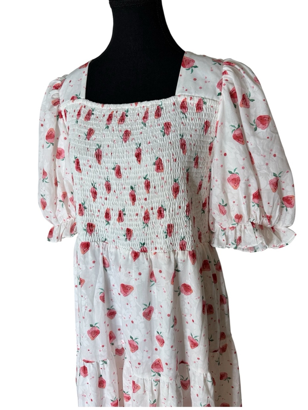 JESSAKAE Strawberry Smocked Tiered Maxi Dress Puff Ruffle Sleeve Plus Size 1XL